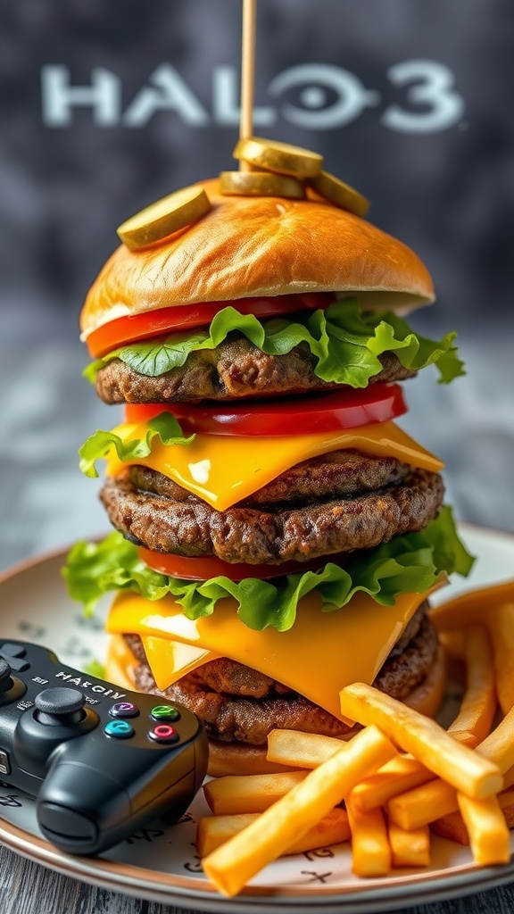 A Halo 3 inspired burger with beef patty, lettuce, tomato, cheese on sesame bun, served with fries.